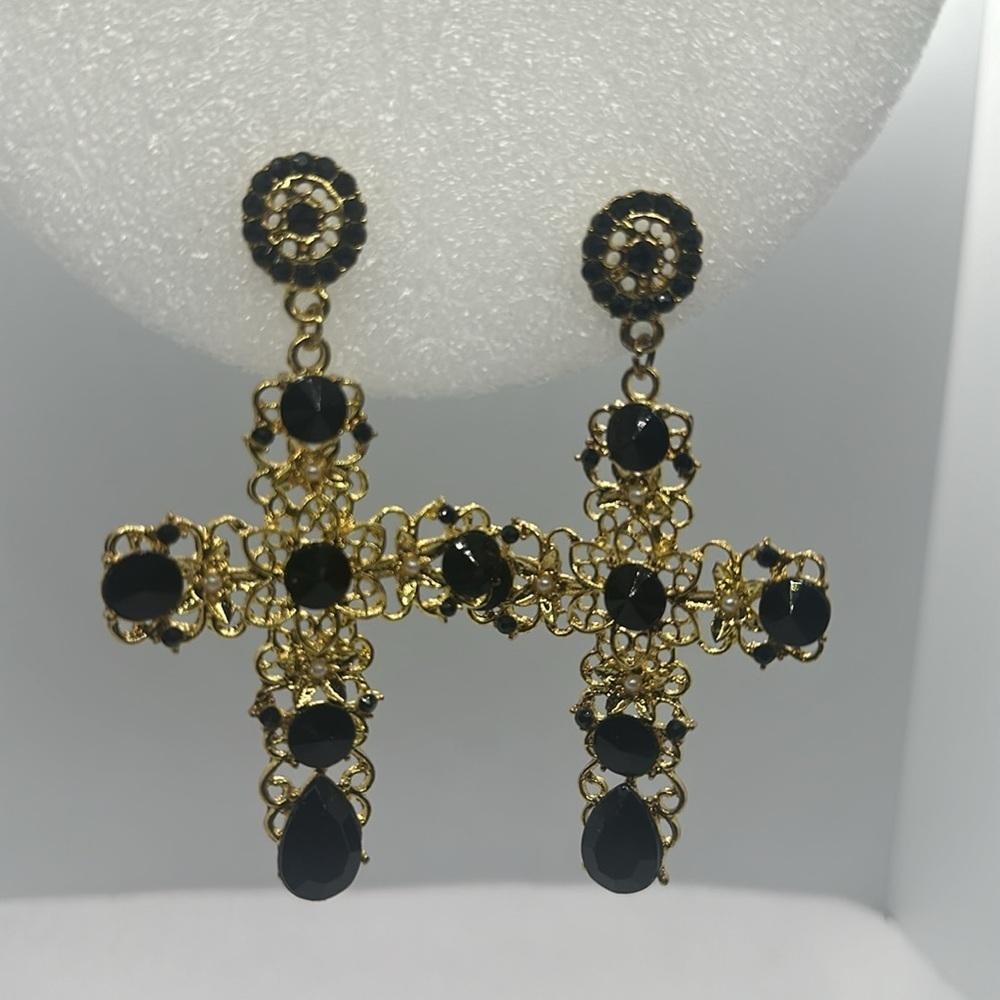 Statement Black & Gold Cross Earrings - Gothic, Victorian, Elegant 3.5" Drop - Picture 5 of 11